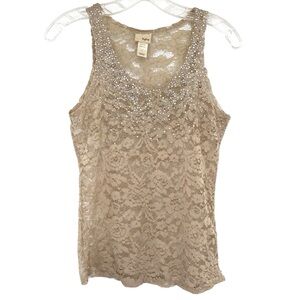 Daytrip Beige Sheer Lace Embellished Beaded Tank Top